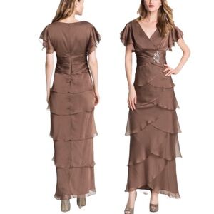 Adrianna Papell Occasions Flutter Sleeve Tiered Chiffon Gown Brown 10